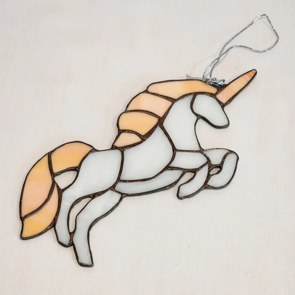 Stained Glass Unicorn Sun Catcher Ornament Peach White‎ Whimsical Fantasy